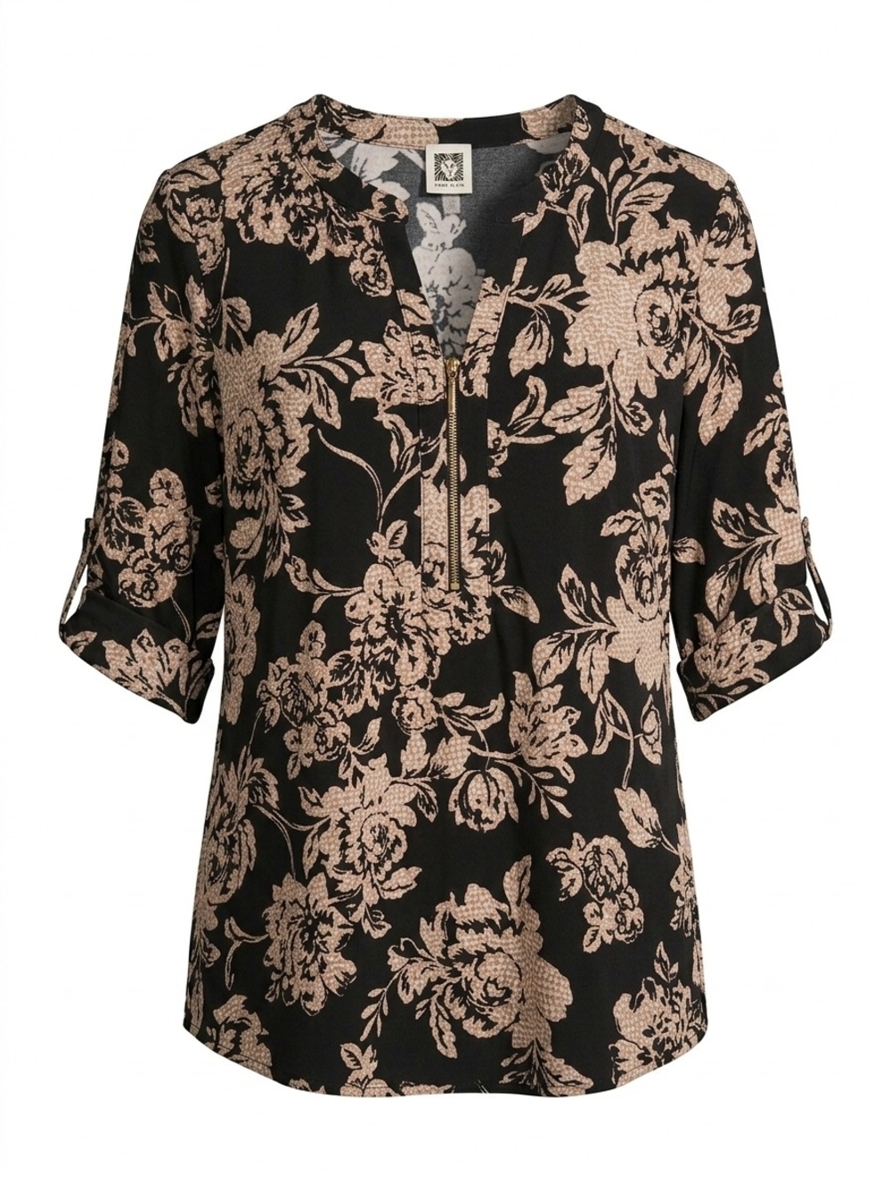 Anne Klein Black Floral Zip-Front Blouse with Tan Print